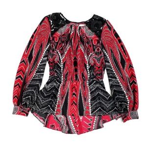 Bisou Bisou Red Black Abstract Print Long Sleeve Hi Low Peplum Blouse Womens M